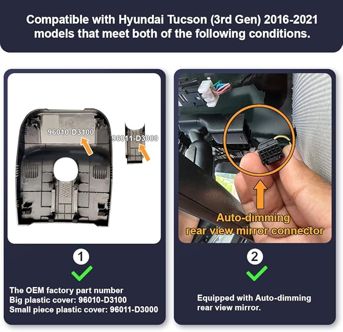 Dash Camera-FITCAMX-Fitcamx 4K Dash Cam for 2016-2021 Hyundai Tucson SE Sport Limited Value SEL Plus ECO D3100 (Auto Dimming Mirror)- OEM Factory Look 2 Dash Camera-FITCAMX-Fitcamx 4K Dash Cam for 2016-2021 Hyundai Tucson SE Sport Limited Value SEL Plus ECO D3100 (Auto Dimming Mirror)- OEM Factory Look - Image 2