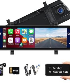Dash Camera-AMprime-Mirror Dash Cam Compatible with Apple Carplay&Android Auto-9.66″ Voice Control Rear View Mirror 1080P Front and Rear View Dual Cameras