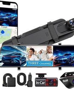 Dash Camera-QOZ-Mirror Dash Camera for Car 3 Channel 2.5K+1080P+1080P w/GPS WiFi APP Reverse Assist IR Night Vision G-Sensor Loop Recording Time Lapse Parking Monitor (10 inch)