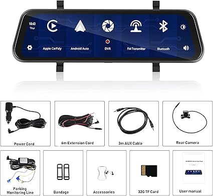 Dash Camera-SIXTOP-Mirror Dash Cam Front and Rear Camera with Apple Carplay/Android Auto 9.66 inch Mirror Backup Camera for Cars&Trucks Driving Recorder Voice Control 24-Hour Parking Monitoring Waterproof Night Vision 2 Dash Camera-SIXTOP-Mirror Dash Cam Front and Rear Camera with Apple Carplay/Android Auto 9.66 inch Mirror Backup Camera for Cars&Trucks Driving Recorder Voice Control 24-Hour Parking Monitoring Waterproof Night Vision - Image 2