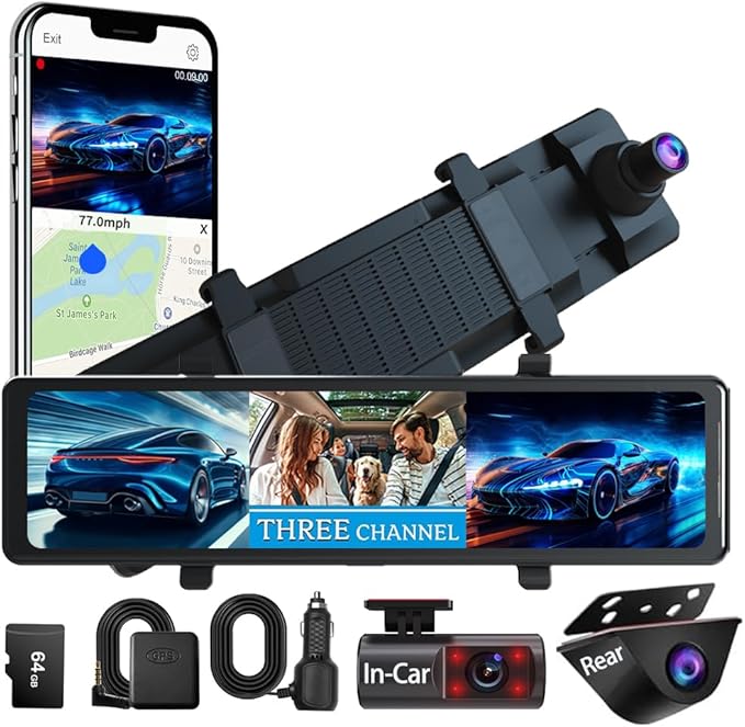 Dash Camera-QOZ-Mirror Dash Camera for Car 3 Channel with 4K Front Interior and Rear Camera w/GPS WiFi Reverse Assist IR Night Vision G-Sensor WDR Time Lapse Parking Monitor (12 Inch) 3 Dash Camera-QOZ-Mirror Dash Camera for Car 3 Channel with 4K Front Interior and Rear Camera w/GPS WiFi Reverse Assist IR Night Vision G-Sensor WDR Time Lapse Parking Monitor (12 Inch) - Image 3