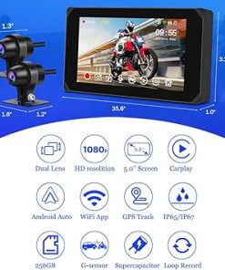 Dash Camera-VSYSTO-VSYSTO Motorcycle Dash Cam Front & Rear 1080P Cameras with 5.0″ Waterproof Touch Screen- Supports CarPlay/Android Auto GPS Navigation and Wi-Fi App 2