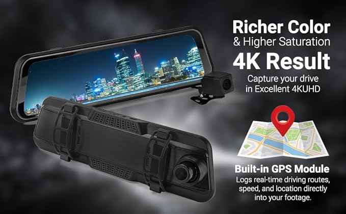 Dash Camera-Rivela-4k Mirror Dash Cam with GPS & Night Vision-10” Touchscreen Rearview Camera for Cars & Trucks- Front & Rear Dash Cam 2 Dash Camera-Rivela-4k Mirror Dash Cam with GPS & Night Vision-10'' Touchscreen Rearview Camera for Cars & Trucks- Front & Rear Dash Cam - Image 2