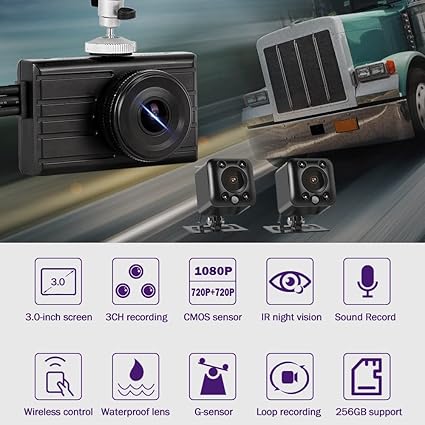 Dash Camera-VSYSTO-VSYSTO 3-Channel Car Dash Cam WiFi 3.0″ Monitor Front 1080P w/HD Separated Side View IPX7 Waterproof IR Night Vision Cameras for Semi Truck Trailer Pickup(Wireless Remote/G-Sensor/Max 256GB Support) 2 Dash Camera-VSYSTO-VSYSTO 3-Channel Car Dash Cam WiFi 3.0" Monitor Front 1080P w/HD Separated Side View IPX7 Waterproof IR Night Vision Cameras for Semi Truck Trailer Pickup(Wireless Remote/G-Sensor/Max 256GB Support) - Image 2