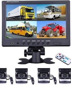 Dash Camera-CAMECHO-Camecho Vehicle Backup Camera 9 Inch 4 Split Monitor+ 4 Cameras with Front & Rear View Camera 18 IR Night Vision Waterproof Auto Camera with 2×33 ft and 2×65 ft Cables for RV- Trailer