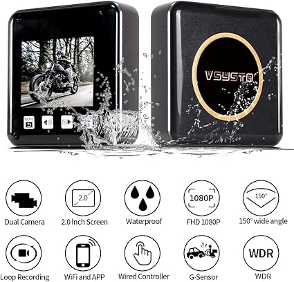 Dash Camera-VSYSTO-VSYSTO WiFi Motorcycle Dash Cam- 2 Inch Screen All Waterproof HD 1080P WDR SONYIMX307 150° Wide Angle Fisheye Lens Front and Rear Camera with GPS 2 Dash Camera-VSYSTO-VSYSTO WiFi Motorcycle Dash Cam- 2 Inch Screen All Waterproof HD 1080P WDR SONYIMX307 150° Wide Angle Fisheye Lens Front and Rear Camera with GPS - Image 2