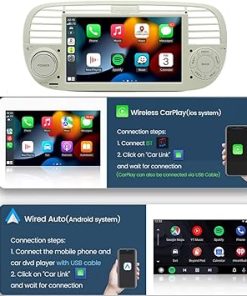 Dash Camera–7″ Touch Screen Car Radio Wireless Carplay&Android Auto Mirror Link GPS WiFi Support Reverse Video Bluetooth FM Rear USB Android System 1+32G Compatible with Fiat 500+12LED Camera 2