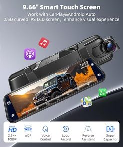 Dash Camera-KOUENOM-2.5K Mirror Dash Cam with Carplay&Android Auto-9.66″ Rear View Mirror Camera with Stretchable Cam for Cars&Trucks 2