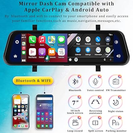 Dash Camera-AMprime-Mirror Dash Cam Compatible with Apple Carplay&Android Auto-9.66″ Voice Control Rear View Mirror 1080P Front and Rear View Dual Cameras 2 Dash Camera-AMprime-Mirror Dash Cam Compatible with Apple Carplay&Android Auto-9.66" Voice Control Rear View Mirror 1080P Front and Rear View Dual Cameras - Image 2