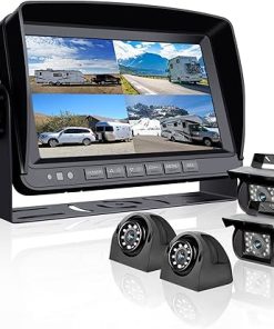Dash Camera-RVInWest-Backup Camera System with 9” 1080P Monitor Wired for RV Truck Trailer Camper Bus- 4 Split Screen Quad View HD DVR Record Monitor + IP69 Waterproof 360° View Night Vision Rear Side Camera
