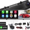 Dash Camera-KOUENOM-4K Rear View Mirror Camera with Carplay&Android Auto-12″ Mirror Dash Cam Front and Rear with Voice Control for Cars&Trucks