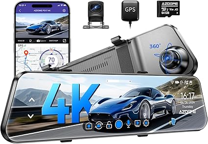 Dash Camera-AZDOME-AZDOME PG17 4K 12″ Mirror Dash Cam Front and Rear- WiFi Rear View Mirror Camera with 64GB Card