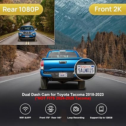 Dash Camera-FITCAMX-Fitcamx Front 2K and Rear 1080P Dash Cam Adapts for Toyota Tacoma 2018 2019 2020 2021 2022 2023 Limited SR5 SR TRD Sport Off-Road Pro- OEM Look 2 Dash Camera-FITCAMX-Fitcamx Front 2K and Rear 1080P Dash Cam Adapts for Toyota Tacoma 2018 2019 2020 2021 2022 2023 Limited SR5 SR TRD Sport Off-Road Pro- OEM Look - Image 2