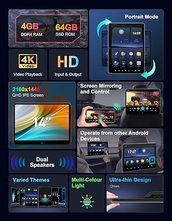 Dash Camera-XTRONS-XTRONS 14 Inch 4K Video Player – 4G+64G Android 11 Car TV Headrest Monitor Tablet for Back Seat with Wi-Fi and Bluetooth- 90° Rotatable IPS Touch Screen Support HDMI/Mirror Link/Gravity Sensing (2PCS) 3 Dash Camera-XTRONS-XTRONS 14 Inch 4K Video Player - 4G+64G Android 11 Car TV Headrest Monitor Tablet for Back Seat with Wi-Fi and Bluetooth- 90° Rotatable IPS Touch Screen Support HDMI/Mirror Link/Gravity Sensing (2PCS) - Image 3