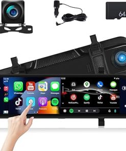 Dash Camera-SIXTOP-Mirror Dash Cam Front and Rear Camera with Apple Carplay/Android Auto 9.66 inch Mirror Backup Camera for Cars&Trucks Driving Recorder Voice Control 24-Hour Parking Monitoring Waterproof Night Vision