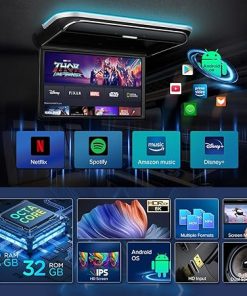 Dash Camera-XTRONS-XTRONS Android Car Overhead Player 17.3 Inch Wide IPS Screen 8K Video Car Roof Mount Monitor with Built-in Stereo Speakers Flip Down Overhead Car Monitor Support Bluetooth 5.0- WiFi 2