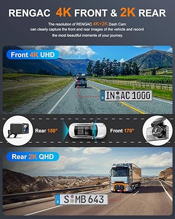 Dash Camera-RENGAC-Dash Cam Front and Rear: 4K+2K Full HD Dual Dash Camera for Cars- Built-in 5G WiFi with 64GB Caad 2 Dash Camera-RENGAC-Dash Cam Front and Rear: 4K+2K Full HD Dual Dash Camera for Cars- Built-in 5G WiFi with 64GB Caad - Image 2