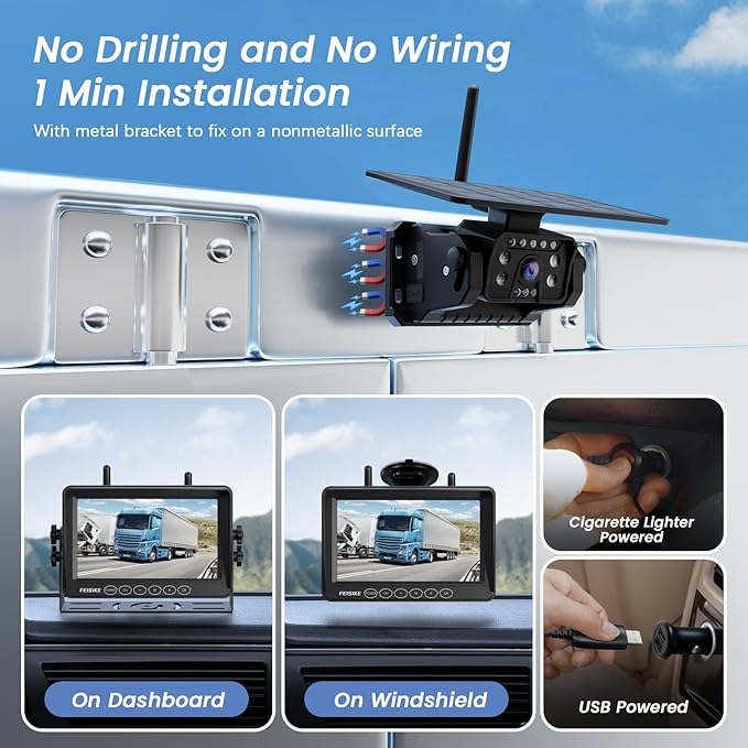 Dash Camera-FEISIKE-Wireless Backup Camera Solar- 7 Inch Magnetic RV Backup Camera Rechargeable Dual-Antenna IR Night Vision Rear View Camera 4 Channels 1080P HD Video Recording 150° Wide Angle Backup Camera for Truck 2 Dash Camera-FEISIKE-Wireless Backup Camera Solar- 7 Inch Magnetic RV Backup Camera Rechargeable Dual-Antenna IR Night Vision Rear View Camera 4 Channels 1080P HD Video Recording 150° Wide Angle Backup Camera for Truck - Image 2