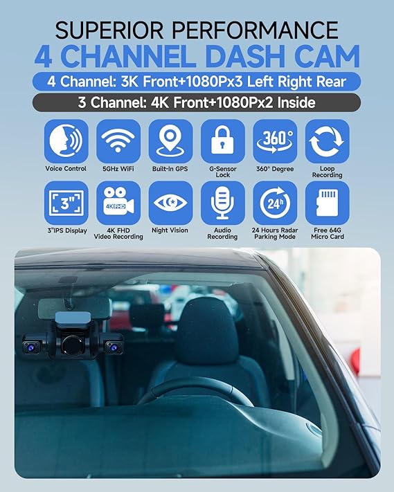 Dash Camera-HUPEJOS-Dash Cam 4 Channel Front and Rear Inside- 360° Car Camera 4K UHD 2 Dash Camera-HUPEJOS-Dash Cam 4 Channel Front and Rear Inside- 360° Car Camera 4K UHD - Image 2