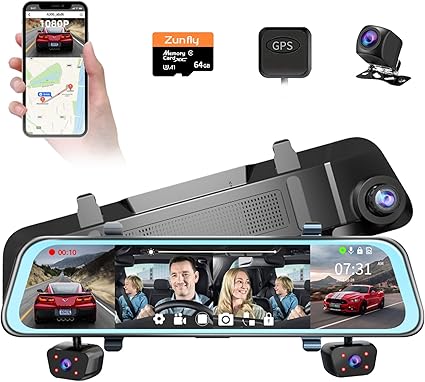 Dash Camera-Zunfly-4 Channel Mirror Dash Cam- Dash Cam Front and Rear Dash Camera-Zunfly-4 Channel Mirror Dash Cam- Dash Cam Front and Rear