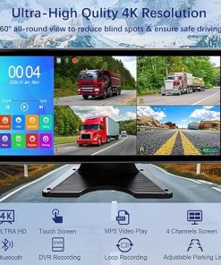 Dash Camera-PANASEN-4K RV Backup Camera 10.36″ Touch Screen Monitor for Truck/Van/Trailer DVR Recording with Bluetooth FM MP5 IP69 Waterproof 1080P IR Night Vision Rear Side View Camera 2