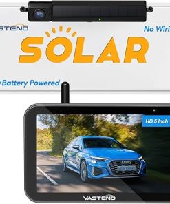 Dash Camera-VASTEND-Solar Wireless Backup Camera with 5″ Monitor VASTEND Battery Powered RV Camera System 3 Mins DIY Installation Rear View Camera HD 1080P Reverse Camera for Car Van SUV (VS-5A)