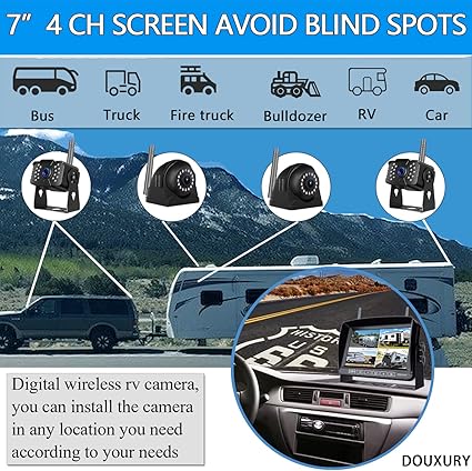 Dash Camera-DOUXURY-Wireless RV Backup Camera for Trailer Truck Camper Digital Rear Side View Cameras & HD 1080P 4 Splits 7″ DVR Screen with Adapter for Furrion Pre-Wired IP69 Waterproof Night Vision 170° Wide View Angle 2 Dash Camera-DOUXURY-Wireless RV Backup Camera for Trailer Truck Camper Digital Rear Side View Cameras & HD 1080P 4 Splits 7" DVR Screen with Adapter for Furrion Pre-Wired IP69 Waterproof Night Vision 170° Wide View Angle - Image 2