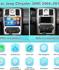 Dash Camera-Fuluku-Fuluku【2+64GB】 for Jeep Chrysler 300C 2004-2011 Android 13 Car Stereo with Wireless Carplay Android Auto- 9” Touch Screen Car Radio GPS WiFi 2