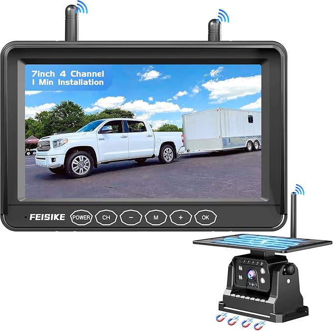 Dash Camera-FEISIKE-Wireless Backup Camera Solar- 7 Inch Magnetic RV Backup Camera Rechargeable Dual-Antenna IR Night Vision Rear View Camera 4 Channels 1080P HD Video Recording 150° Wide Angle Backup Camera for Truck 3 Dash Camera-FEISIKE-Wireless Backup Camera Solar- 7 Inch Magnetic RV Backup Camera Rechargeable Dual-Antenna IR Night Vision Rear View Camera 4 Channels 1080P HD Video Recording 150° Wide Angle Backup Camera for Truck - Image 3
