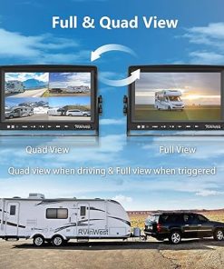 Dash Camera-RVInWest-Backup Camera System with 9” 1080P Monitor Wired for RV Truck Trailer Camper Bus- 4 Split Screen Quad View HD DVR Record Monitor + IP69 Waterproof 360° View Night Vision Rear Side Camera 2