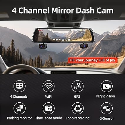 Dash Camera-Zunfly-4 Channel Mirror Dash Cam- Dash Cam Front and Rear 2 Dash Camera-Zunfly-4 Channel Mirror Dash Cam- Dash Cam Front and Rear - Image 2