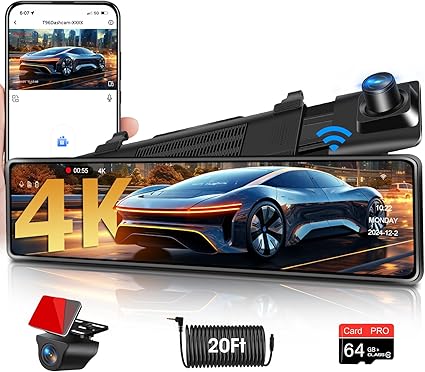 Dash Camera-Jansite-WiFi 4K Rear View Mirror Camera 12″ Mirror Dash Cam Front and Rear w 64G TF Card WDR & HDR Night Vision Loop Recording 24H Parking Assistance Rear View Mirror Dash Cam 2160P 3 Dash Camera-Jansite-WiFi 4K Rear View Mirror Camera 12" Mirror Dash Cam Front and Rear w 64G TF Card WDR & HDR Night Vision Loop Recording 24H Parking Assistance Rear View Mirror Dash Cam 2160P - Image 3