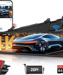 Dash Camera-Jansite-WiFi 4K Rear View Mirror Camera 12″ Mirror Dash Cam Front and Rear w 64G TF Card WDR & HDR Night Vision Loop Recording 24H Parking Assistance Rear View Mirror Dash Cam 2160P