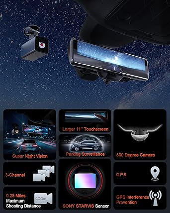 Dash Camera-AKEEYO-NV-360 11″ FHD Mirror Dash Cam Backup Camera- 3 Channel Rear View Mirror Camera 2 Dash Camera-AKEEYO-NV-360 11" FHD Mirror Dash Cam Backup Camera- 3 Channel Rear View Mirror Camera - Image 2