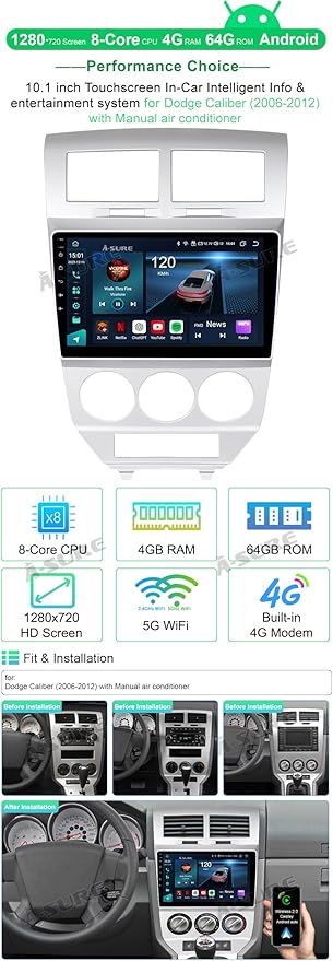 Dash Camera-ASURE-ASURE 10.1 inch Car Stereo Radio Upgrade for Dodge Caliber 2006-2012 Silver Manual AC-8Core 4G+64G Android System Car Dash GPS Navigation Unit with Wireless Carplay Android Auto 2 Dash Camera-ASURE-ASURE 10.1 inch Car Stereo Radio Upgrade for Dodge Caliber 2006-2012 Silver Manual AC-8Core 4G+64G Android System Car Dash GPS Navigation Unit with Wireless Carplay Android Auto - Image 2
