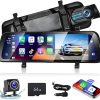 Dash Camera-podofo-Podofo 9.66″ Apple Carplay Mirror Dash Cam with Android Auto- Rear View Mirror Camera Front and Rear Dual Cameras Support Voice Control Night Vision Parking Assistance Monitoring 64G TF Card