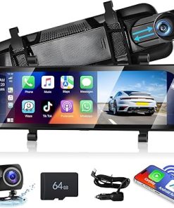 Dash Camera-podofo-Podofo 9.66″ Apple Carplay Mirror Dash Cam with Android Auto- Rear View Mirror Camera Front and Rear Dual Cameras Support Voice Control Night Vision Parking Assistance Monitoring 64G TF Card