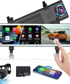 Dash Camera-NHOPEEW-NHOPEEW 11.26 inch Rear View Mirror Camera with Carplay and Android Auto – Mirror Dash Cam Front and Rear – FM Transmitter/Bluetooth/Split Screen/Voice Control/Loop Recording + 64GB TF Card