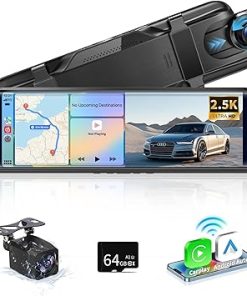 Dash Camera-wellqual-2.5K Mirror Dash Cam Backup with Carplay & Android Auto- 10″ Smart Touch Screen with Rear View Mirror Camera for Car