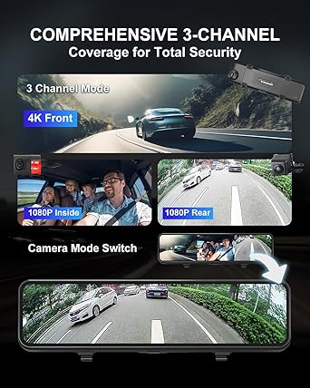 Dash Camera-INSEETECH-4K 3 Channel Mirror Dash Cam- 11″ Triple Rear View Mirror Dash Camera Front Inside Rear for Car RV Truck 2 Dash Camera-INSEETECH-4K 3 Channel Mirror Dash Cam- 11" Triple Rear View Mirror Dash Camera Front Inside Rear for Car RV Truck - Image 2
