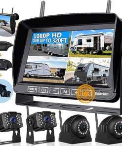 Dash Camera-DOUXURY-Wireless RV Backup Camera for Trailer Truck Camper Digital Rear Side View Cameras & HD 1080P 4 Splits 7″ DVR Screen with Adapter for Furrion Pre-Wired IP69 Waterproof Night Vision 170° Wide View Angle