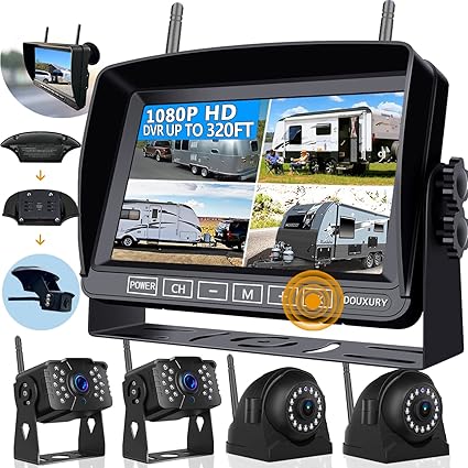 Dash Camera-DOUXURY-Wireless RV Backup Camera for Trailer Truck Camper Digital Rear Side View Cameras & HD 1080P 4 Splits 7″ DVR Screen with Adapter for Furrion Pre-Wired IP69 Waterproof Night Vision 170° Wide View Angle Dash Camera-DOUXURY-Wireless RV Backup Camera for Trailer Truck Camper Digital Rear Side View Cameras & HD 1080P 4 Splits 7" DVR Screen with Adapter for Furrion Pre-Wired IP69 Waterproof Night Vision 170° Wide View Angle